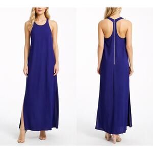 Alice + Olivia Blue Maxi Dress Sleeveless Racerback Full Zip Back Side Slits